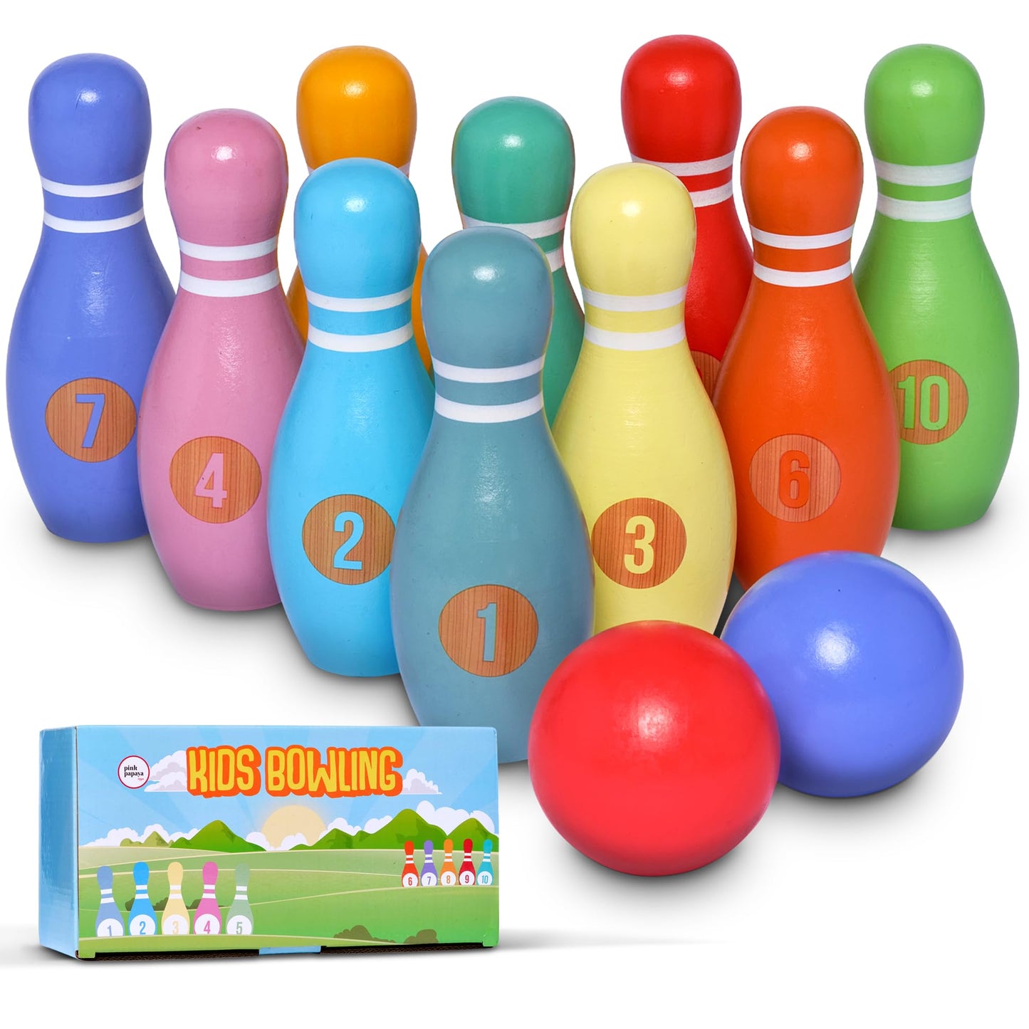 Pink Papaya XL Kegelspiel für Kinder - 12 teiliges Bowling Set, Outdoor & Indoor Spielzeug aus FSC-zertifiziertem Holz, schult & fördert Ihr Kind
