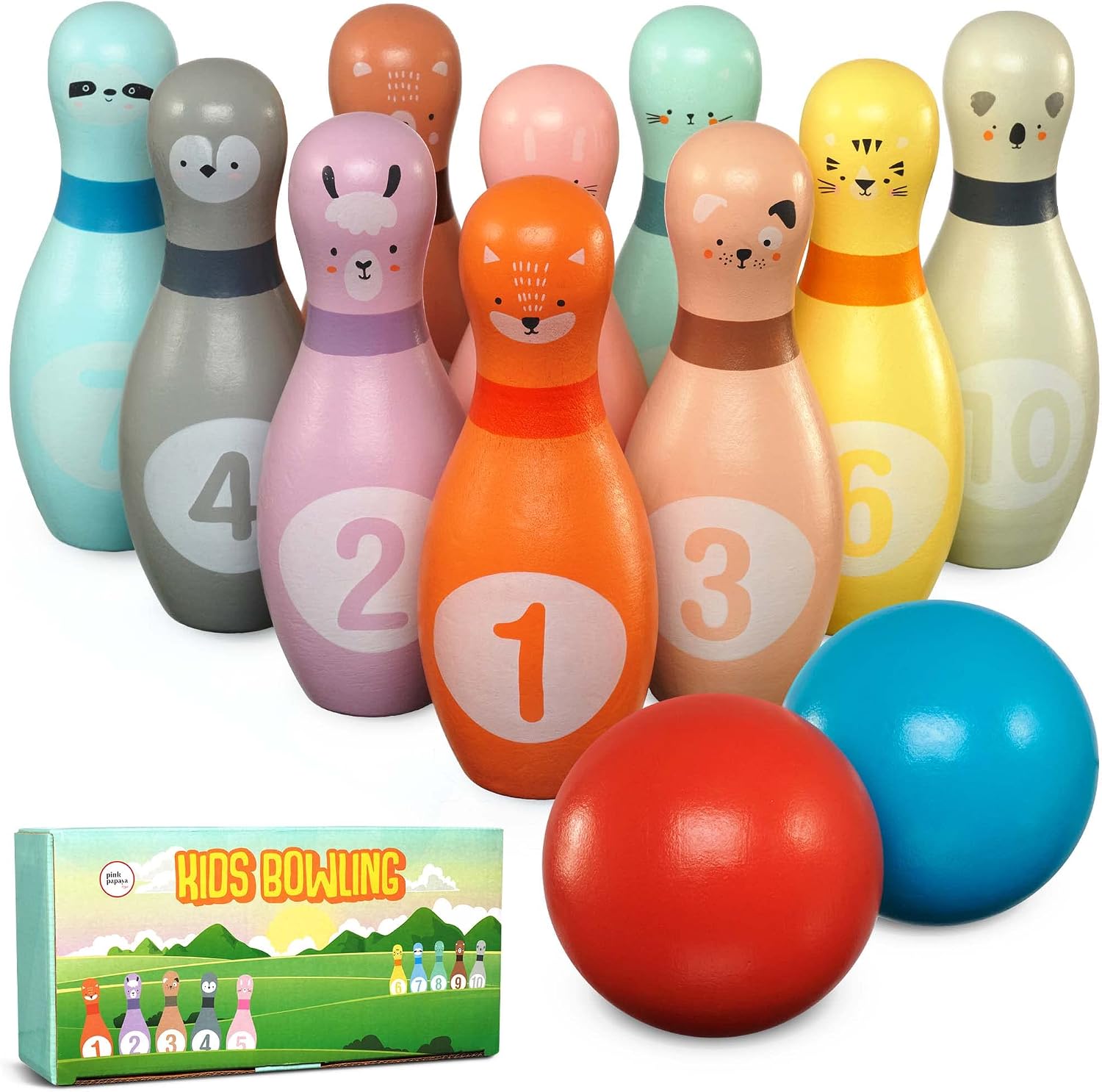 Pink Papaya XL Kegelspiel für Kinder - 12 teiliges Bowling Set, Outdoor & Indoor Spielzeug aus FSC-zertifiziertem Holz, schult & fördert Ihr Kind