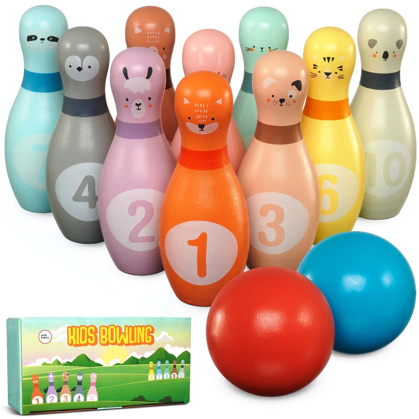 Pink Papaya XL Kegelspiel für Kinder - 12 teiliges Bowling Set, Outdoor & Indoor Spielzeug aus FSC-zertifiziertem Holz, schult & fördert Ihr Kind
