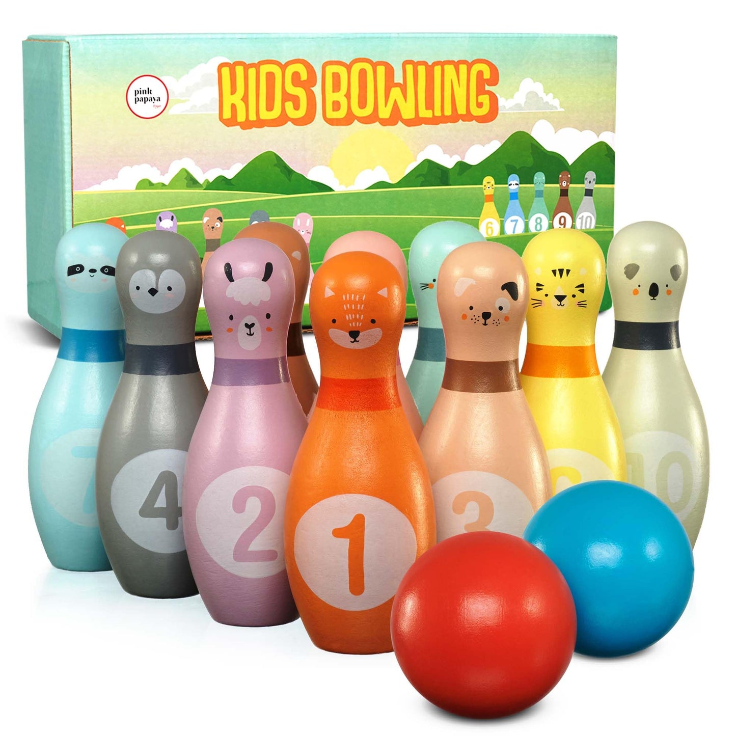 Pink Papaya XL Kegelspiel für Kinder - 12 teiliges Bowling Set, Outdoor & Indoor Spielzeug aus FSC-zertifiziertem Holz, schult & fördert Ihr Kind