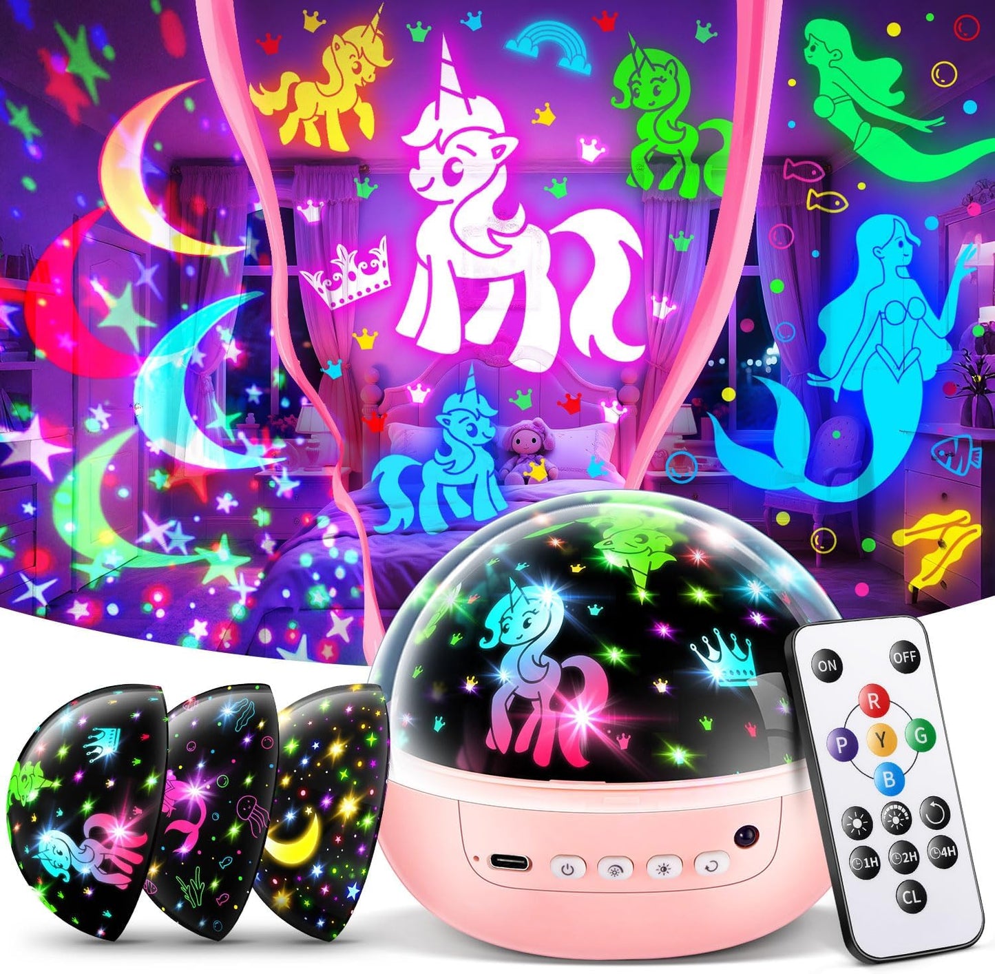 Einhorn Spielzeug ab 3-12 Jahre Mädchen, 【3 Filme+93 Effekte+Dimmbar】 Einhorn Geschenke für Mädchen Geschenke, 【Remote+3 Timer+Rotation】 Sternenhimmel Projektor Kinder, Meerjungfrau Spielzeug