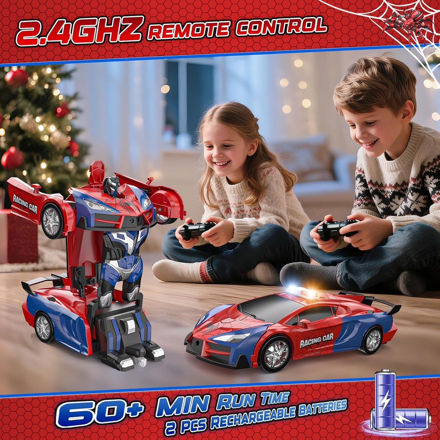 Spider Transform Ferngesteuertes Auto - 2.4GHz RC Spielzeug ab 3 4 5 6 7 8+ Jahre Junge Mädchen, 1:18 Roboter RC Auto mit One-Key Transformation & 360° Drehung, Kinder Weihnachten Geburtstag Geschenke